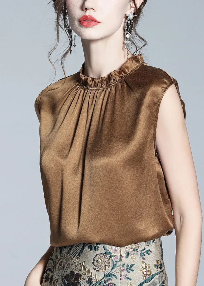 Handmade Coffee Stand Collar Solid Silk Tops Summer LY0964