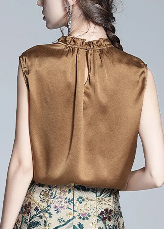 Handmade Coffee Stand Collar Solid Silk Tops Summer LY0964