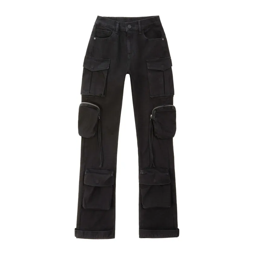 High Rise Straight Leg Pigment Dyed Utility Twill Pants - Black