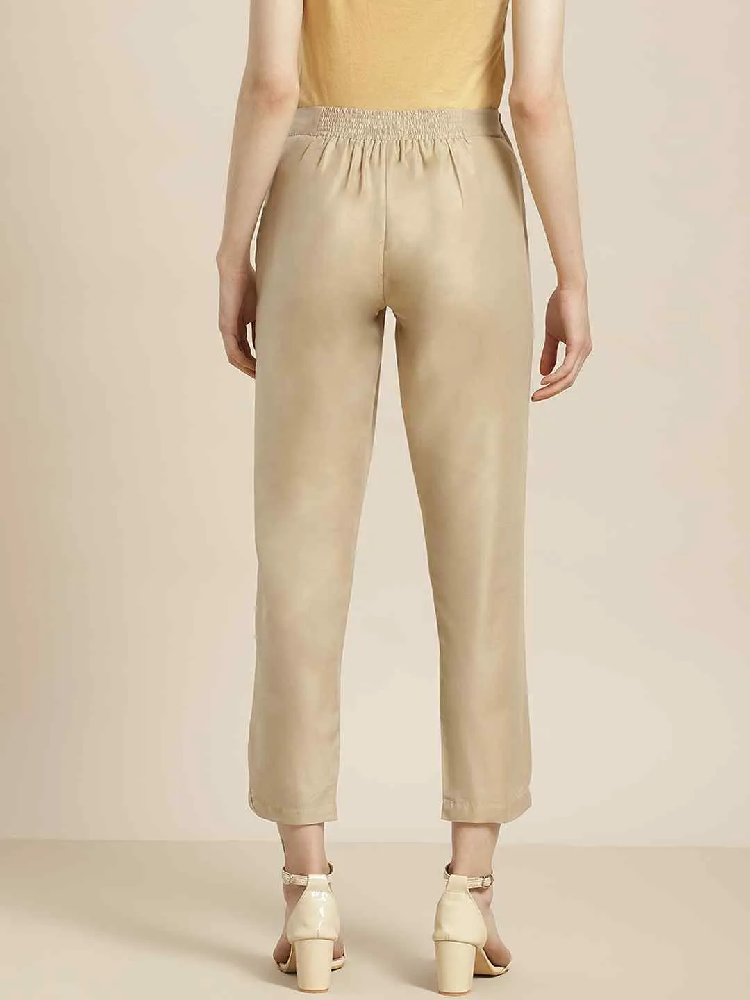 Jashvi Sand Grey Solid Poly Silk Slim Fit Pants.