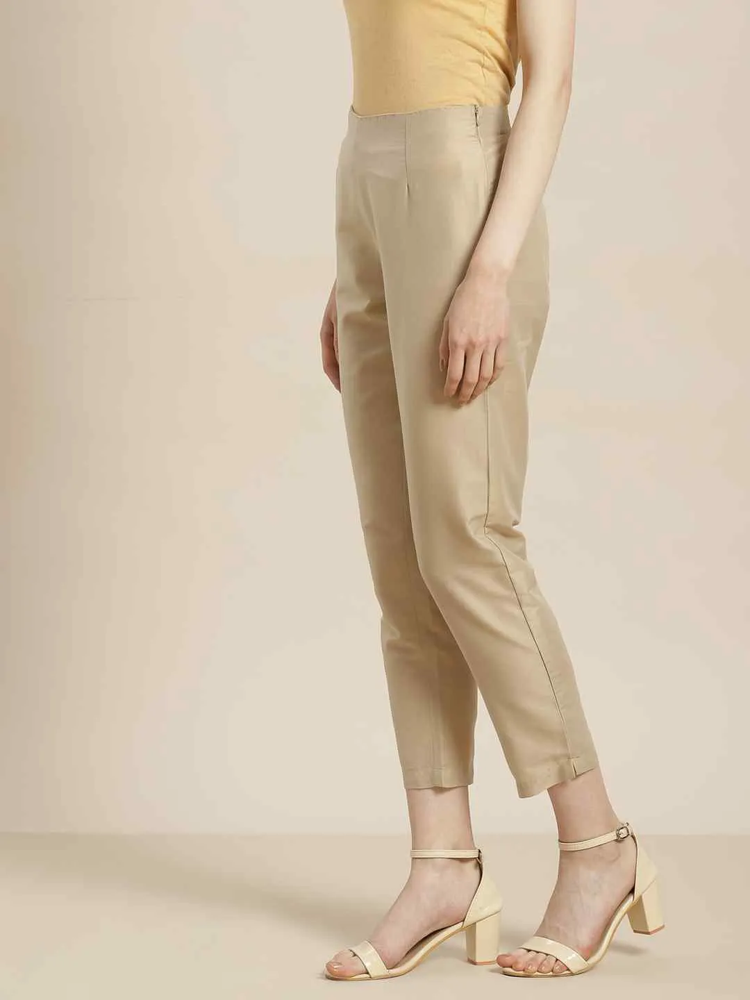 Jashvi Sand Grey Solid Poly Silk Slim Fit Pants.