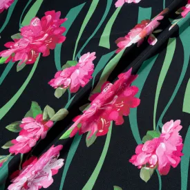 Large Pink Floral Printed Black Silk Crêpe