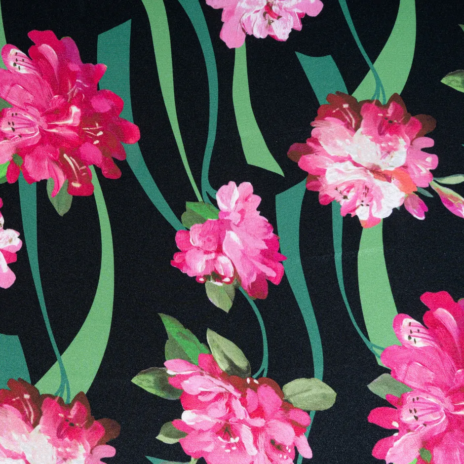 Large Pink Floral Printed Black Silk Crêpe