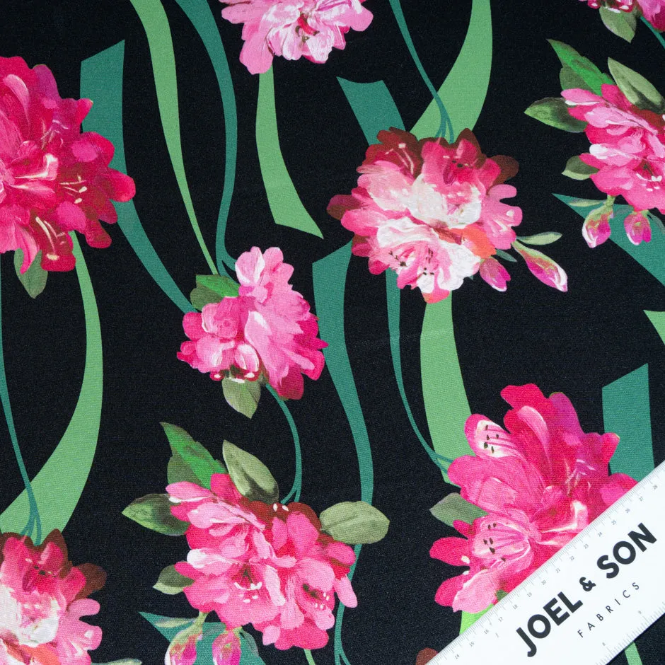 Large Pink Floral Printed Black Silk Crêpe