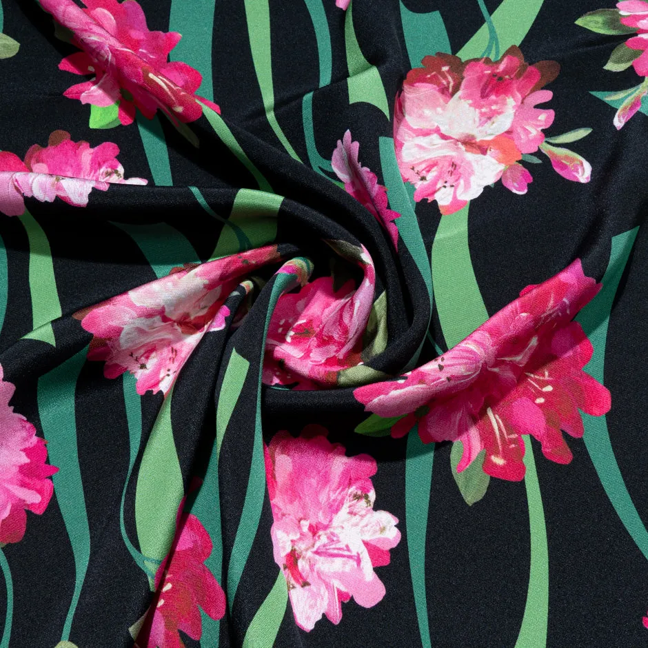 Large Pink Floral Printed Black Silk Crêpe