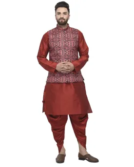 Men's Maroon Kurta With Dhoti & Coral Red Printed Nehru Jacket - Benstoke