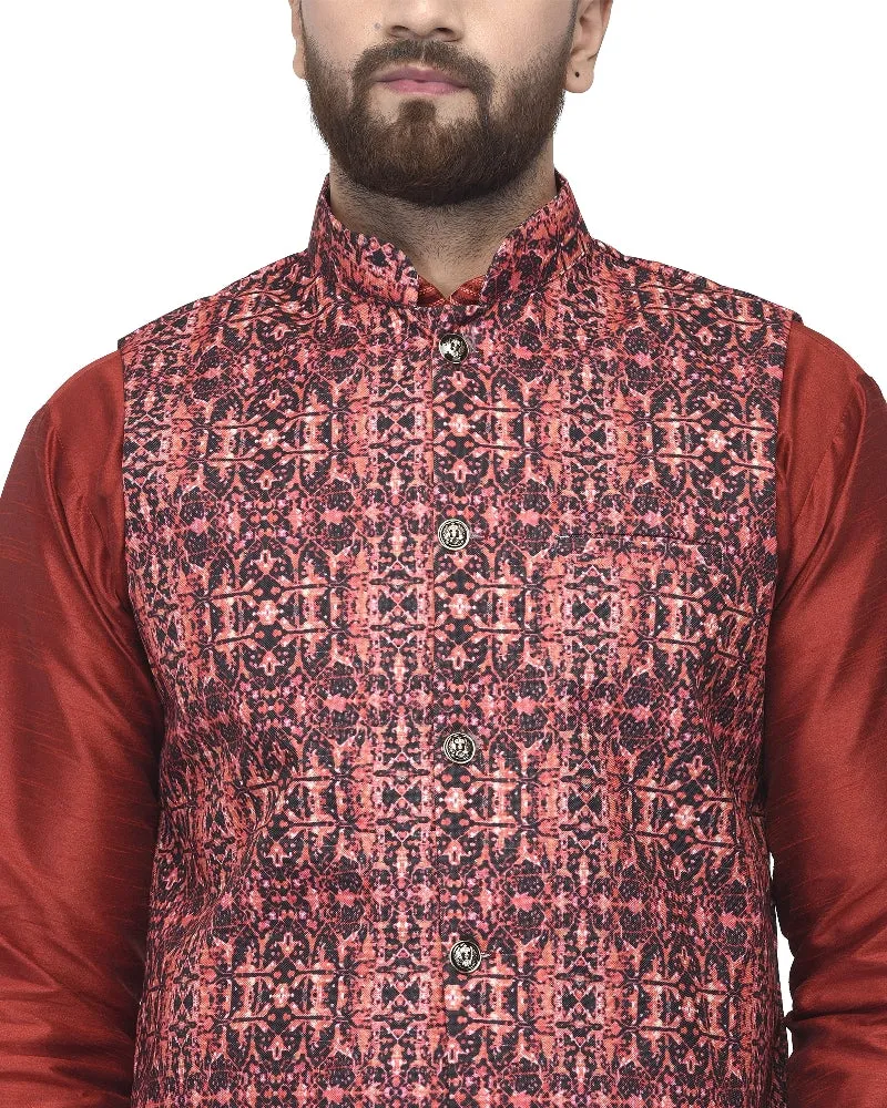 Men's Maroon Kurta With Dhoti & Coral Red Printed Nehru Jacket - Benstoke