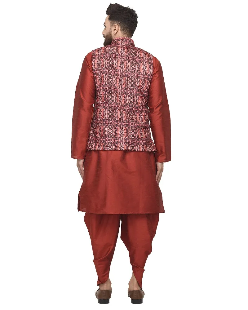 Men's Maroon Kurta With Dhoti & Coral Red Printed Nehru Jacket - Benstoke