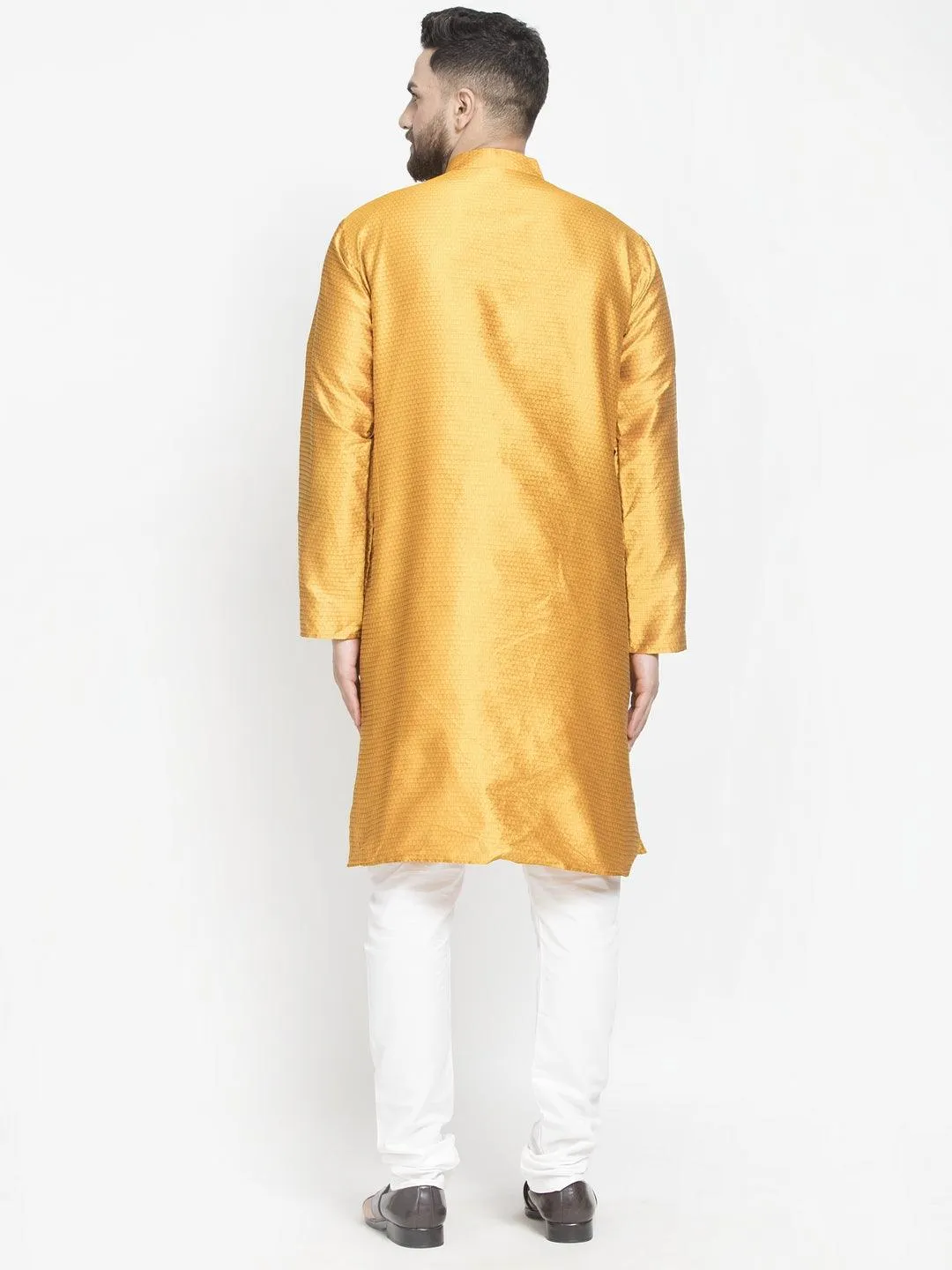 Men's Mustard Self Design Kurta With White Churidaar Pyjama - Benstoke