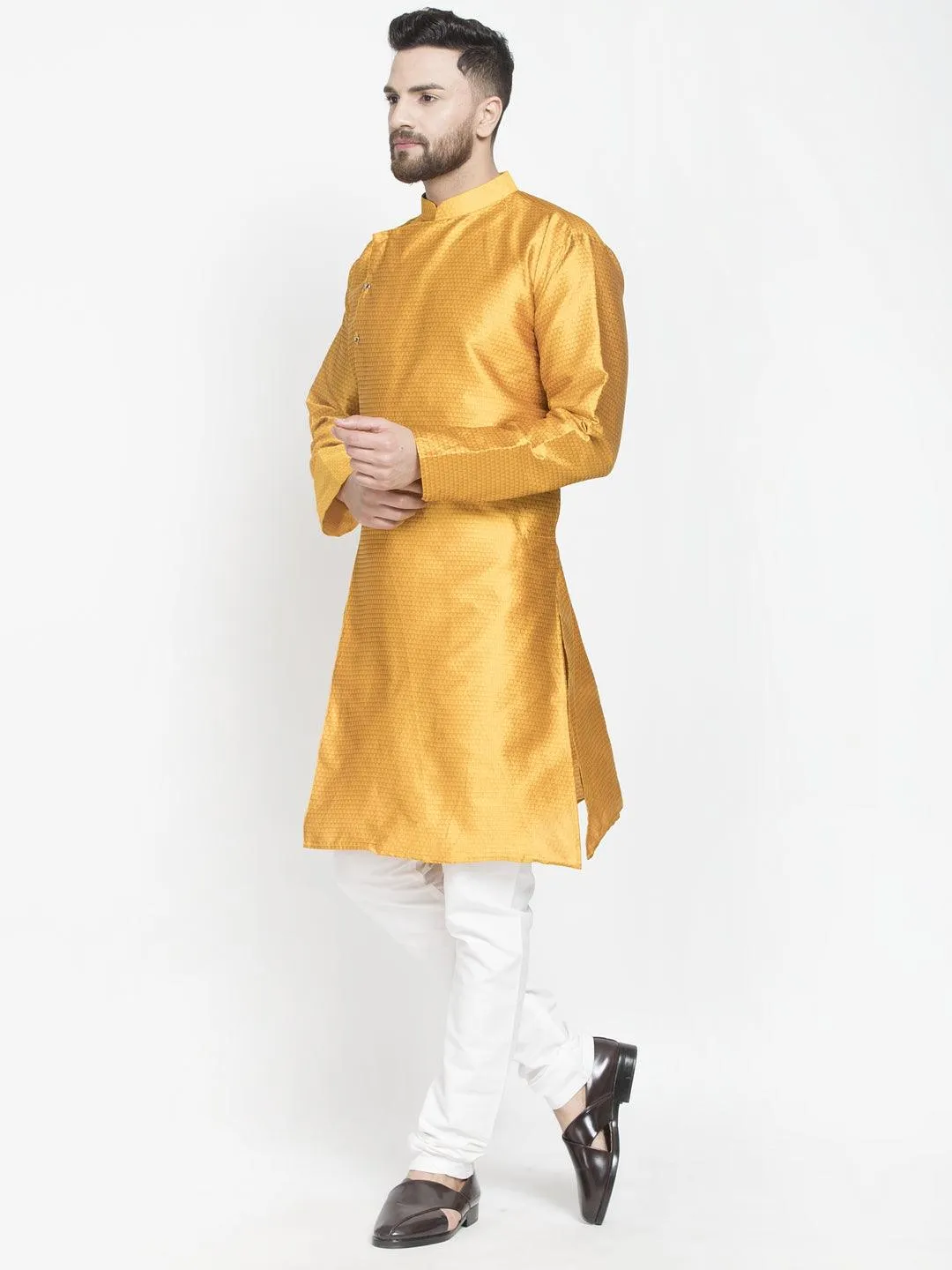 Men's Mustard Self Design Kurta With White Churidaar Pyjama - Benstoke