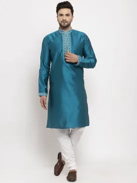 Men's Peacock Blue Yoke Design Solid Kurta With White Churidaar Pyjama - Benstoke