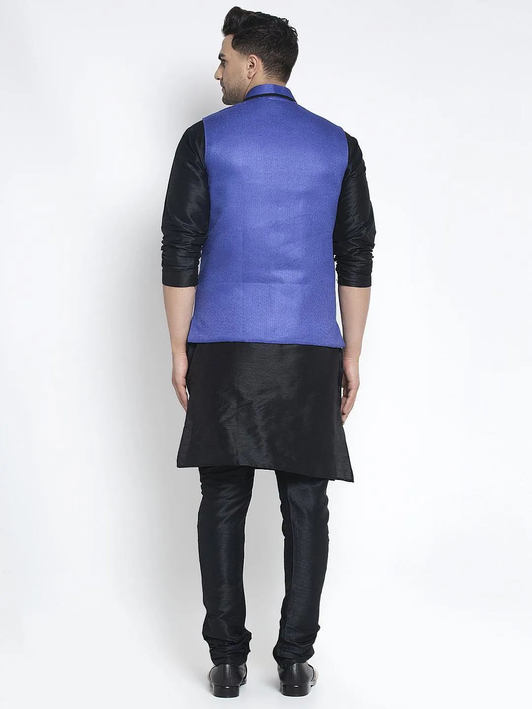 Men's Silk Blend Black Kurta With Pyjama & Royal Blue Nehru Jacket - Benstoke