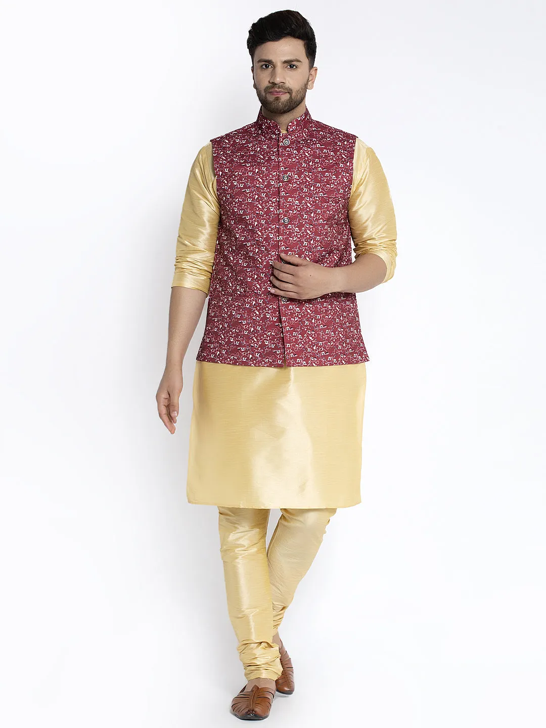 Men's Silk Blend Gold Kurta With Pyjama & Maroon Printed Nehru Jacket - Benstoke