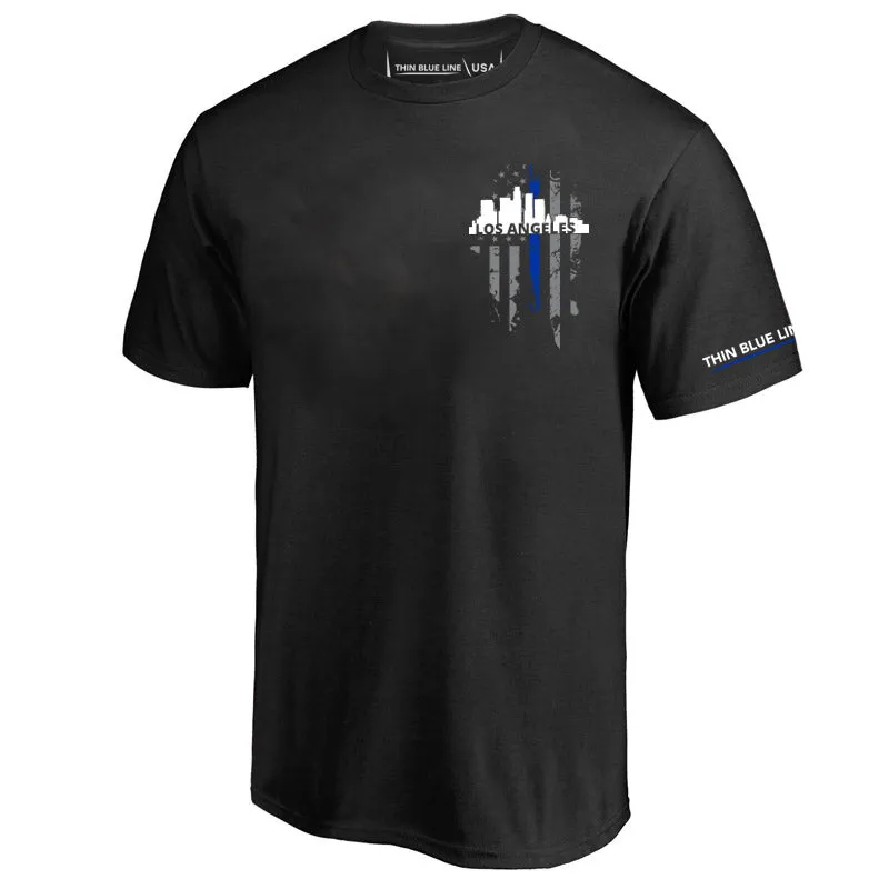 Men's T-Shirt, Thin Blue Line Los Angeles Skyline, Small Logo