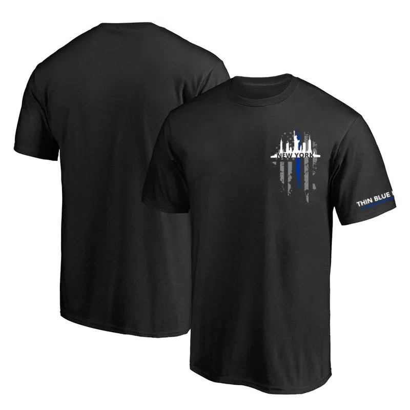 Men's T-Shirt, Thin Blue Line New York Skyline, Small Logo