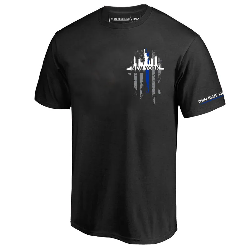 Men's T-Shirt, Thin Blue Line New York Skyline, Small Logo