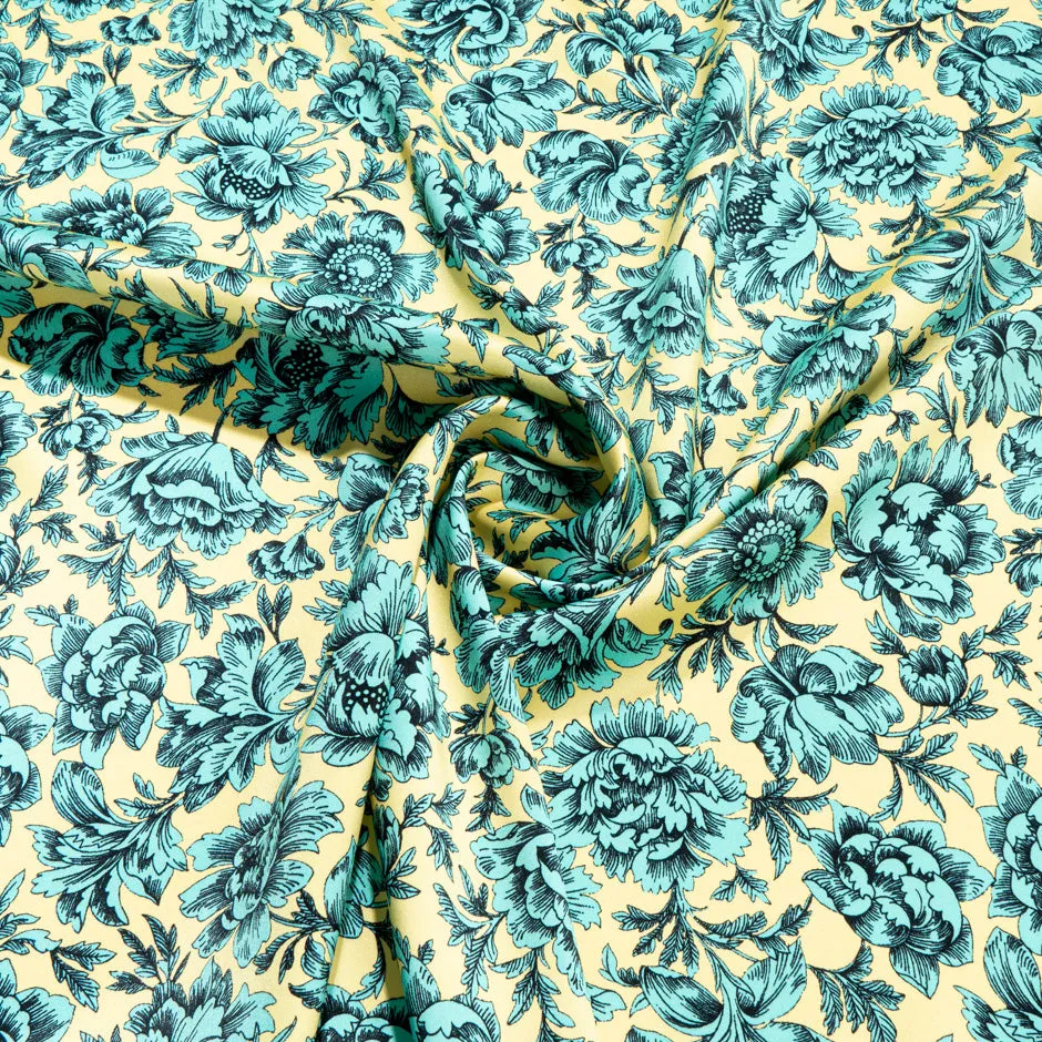 Mint Green Floral Printed Yellow Double Silk Crêpe