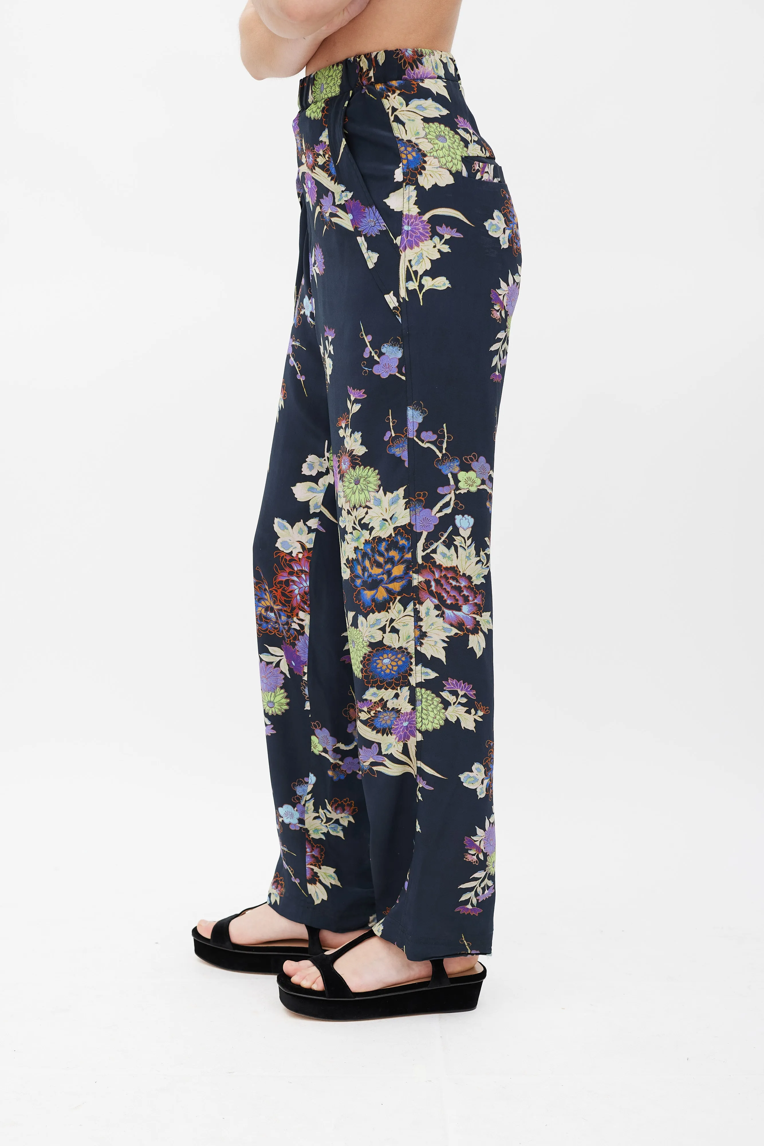 Navy & Multicolour Silk Floral Trousers