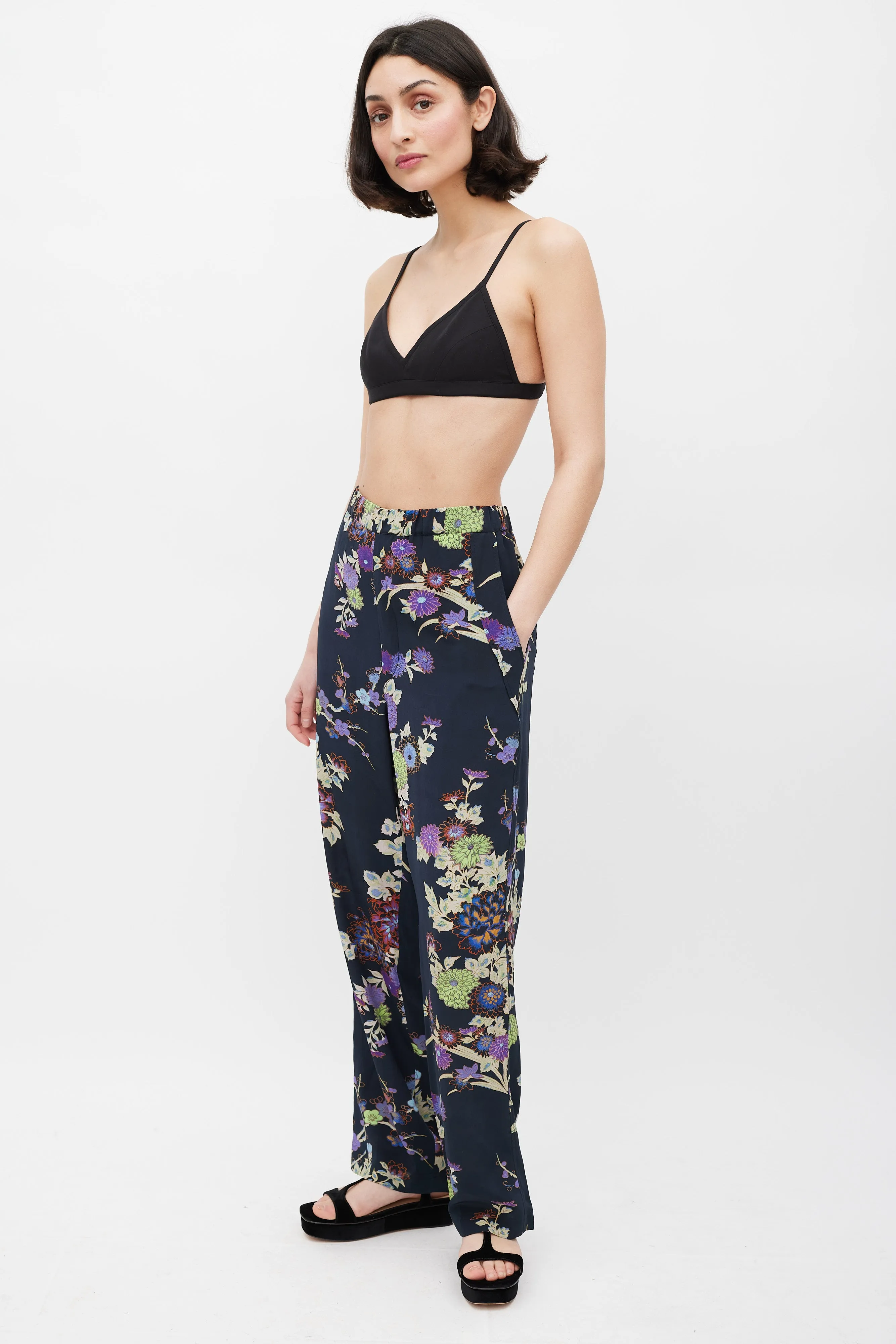 Navy & Multicolour Silk Floral Trousers