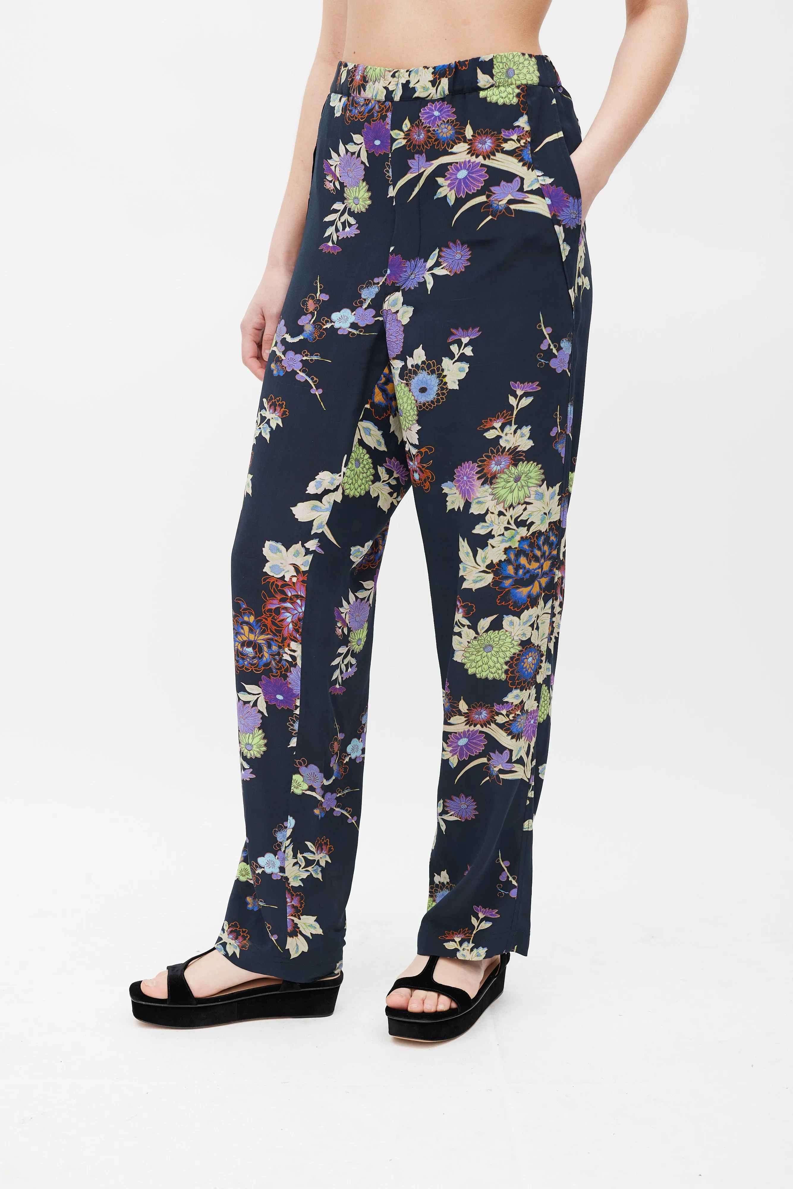 Navy & Multicolour Silk Floral Trousers