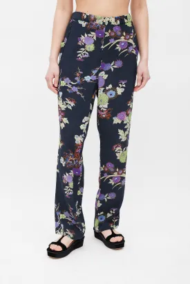 Navy & Multicolour Silk Floral Trousers