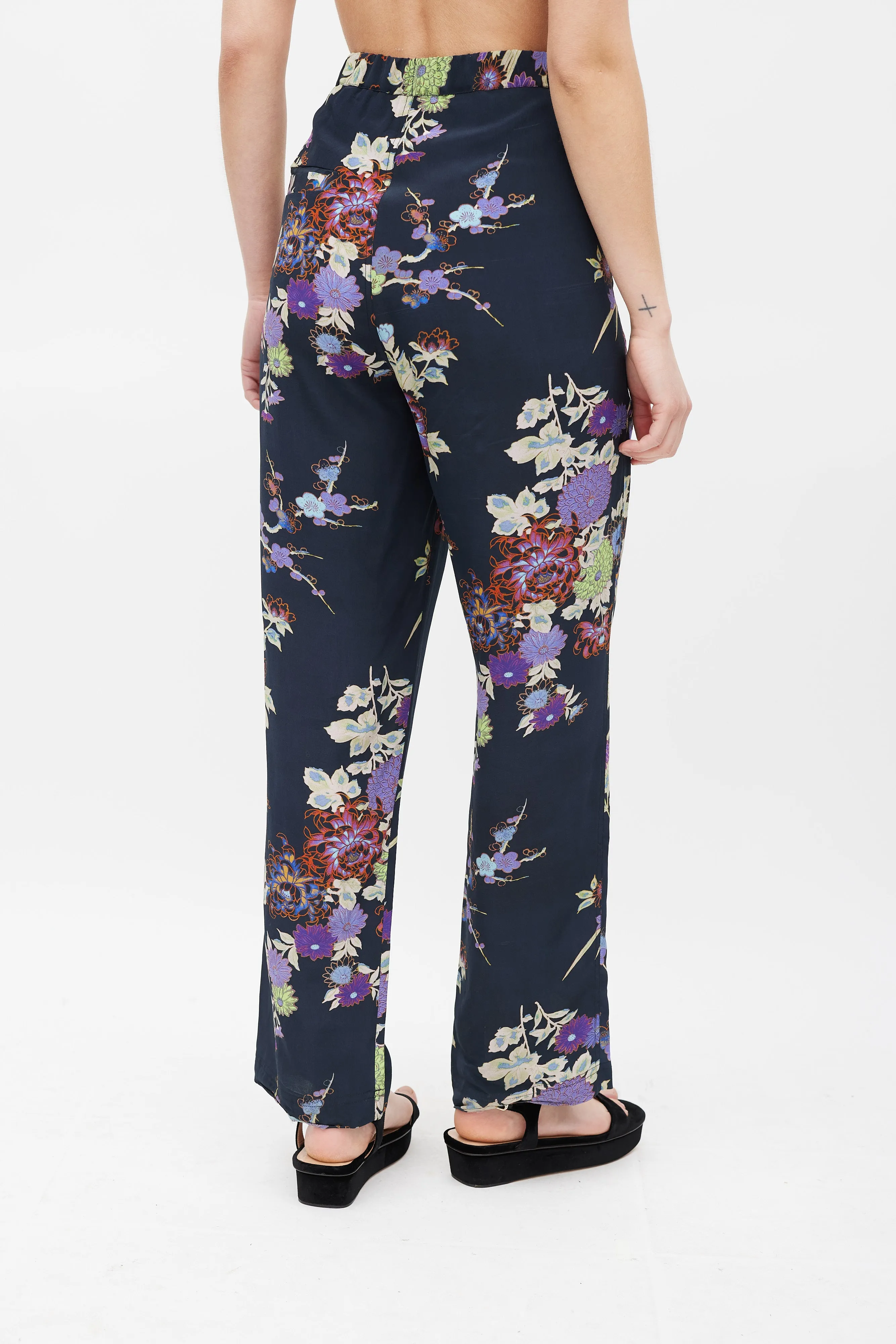 Navy & Multicolour Silk Floral Trousers