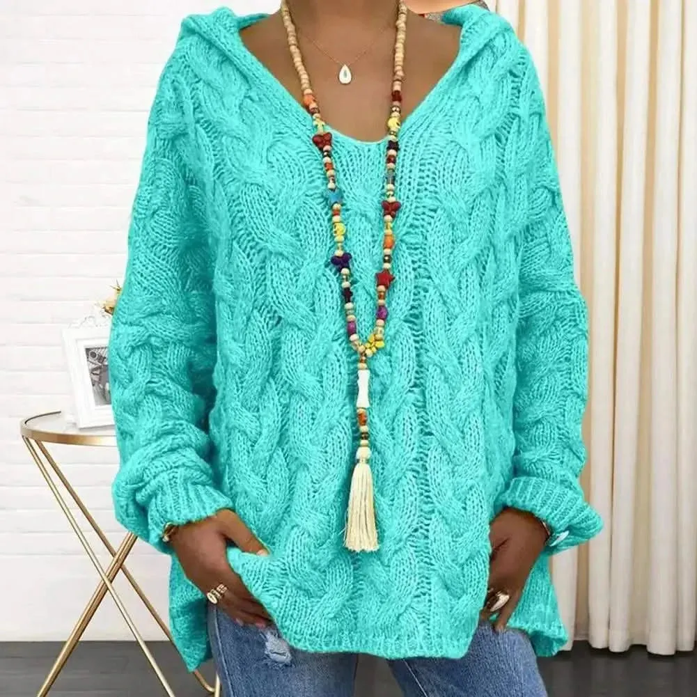 Opulent Knitted V-Neck Hoodie with Full Sleeves