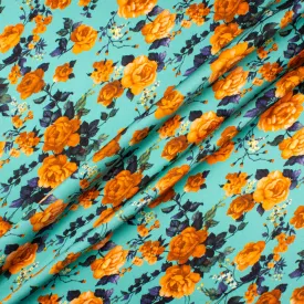 Orange Floral Turquoise Printed Double Silk Satin Crêpe