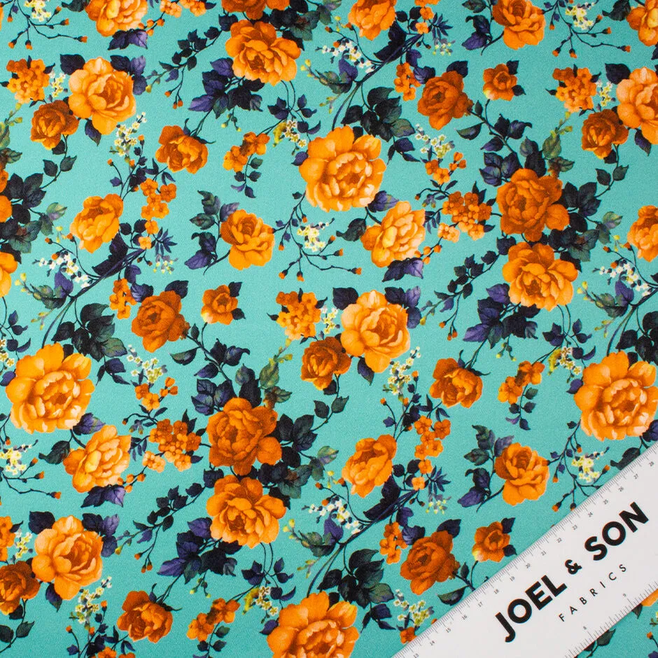 Orange Floral Turquoise Printed Double Silk Satin Crêpe