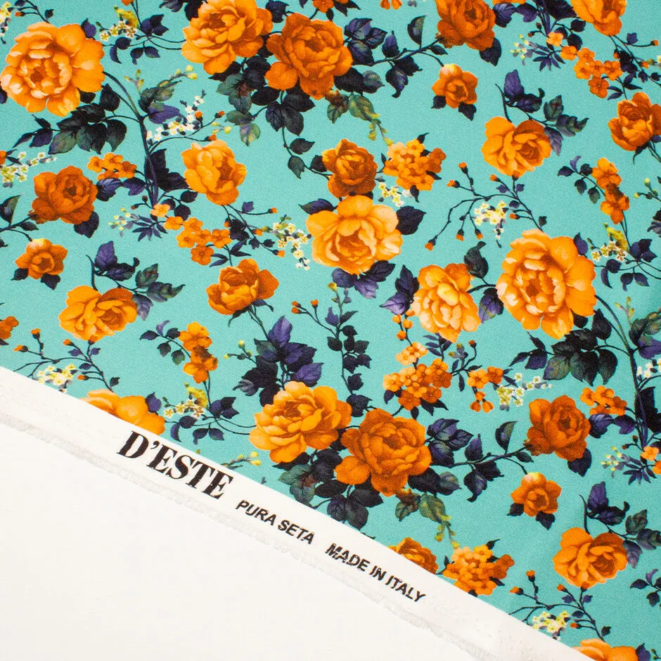 Orange Floral Turquoise Printed Double Silk Satin Crêpe