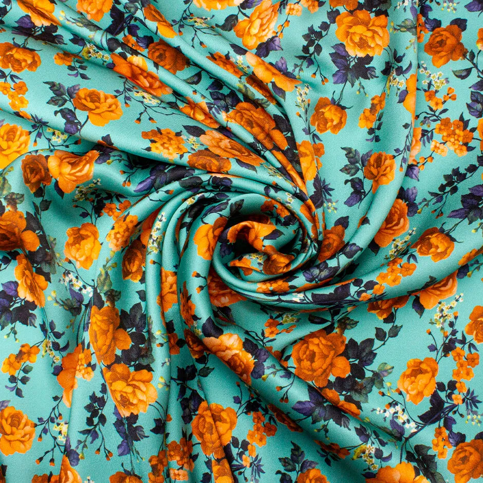 Orange Floral Turquoise Printed Double Silk Satin Crêpe