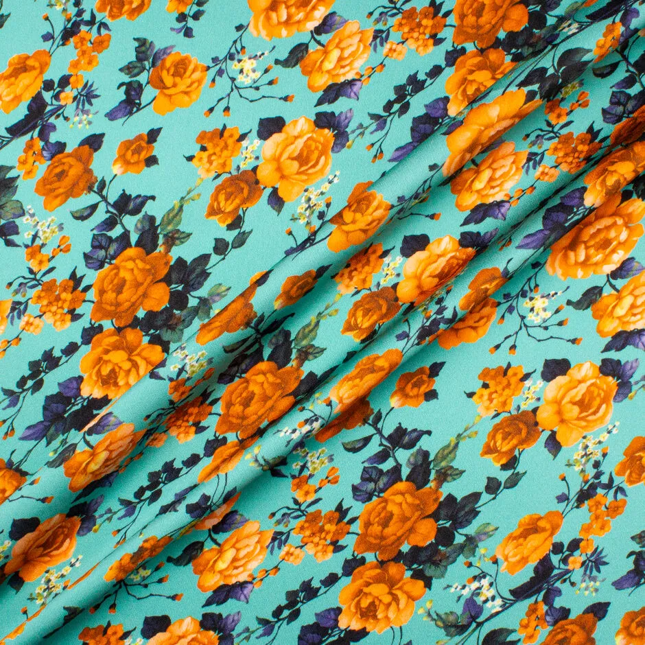 Orange Floral Turquoise Printed Double Silk Satin Crêpe