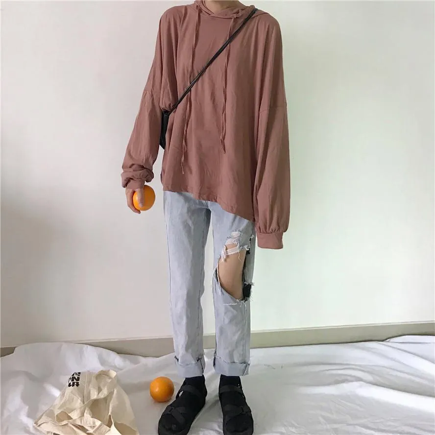 Oversize Solid Colors Thin V-Neck Hoodie