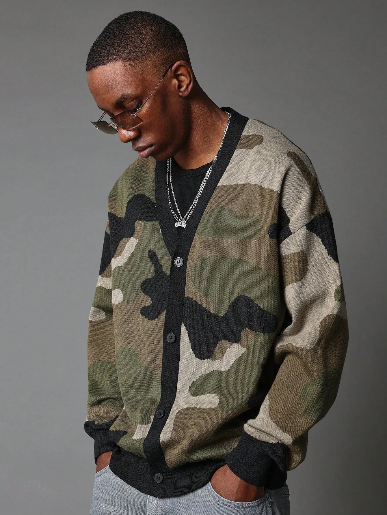 Regular Fit Camouflage Printed Cardigan