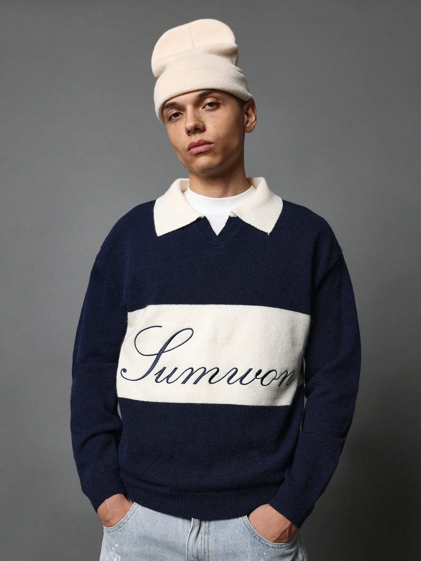 Regular Fit Varsity Knit Contrast Colour Polo Sweater With Embroidery