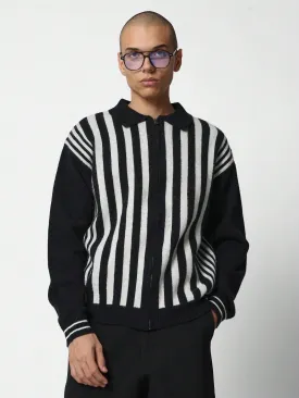 Regular Fit Zip-Up Revere Stripe Cardigan With Black Solid Sleeves