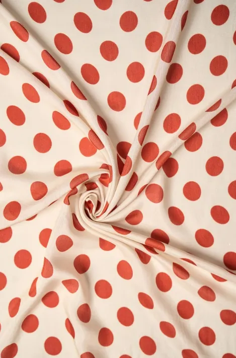 Rust Orange Polka Dot Pattern Printed Natural Muslin Silk Fabric