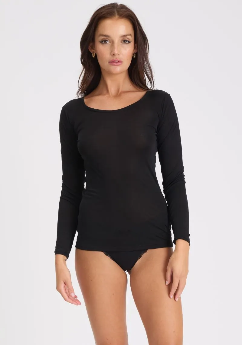 Silk Jersey Long Sleeve Top Black