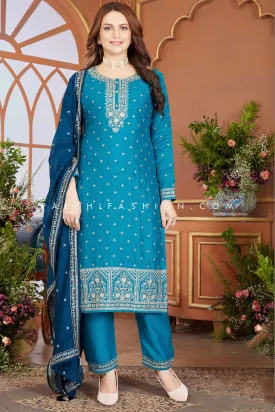 Sophisticated Blue Straight-Cut Suit with Embroidery Work - Palkhi Fashion