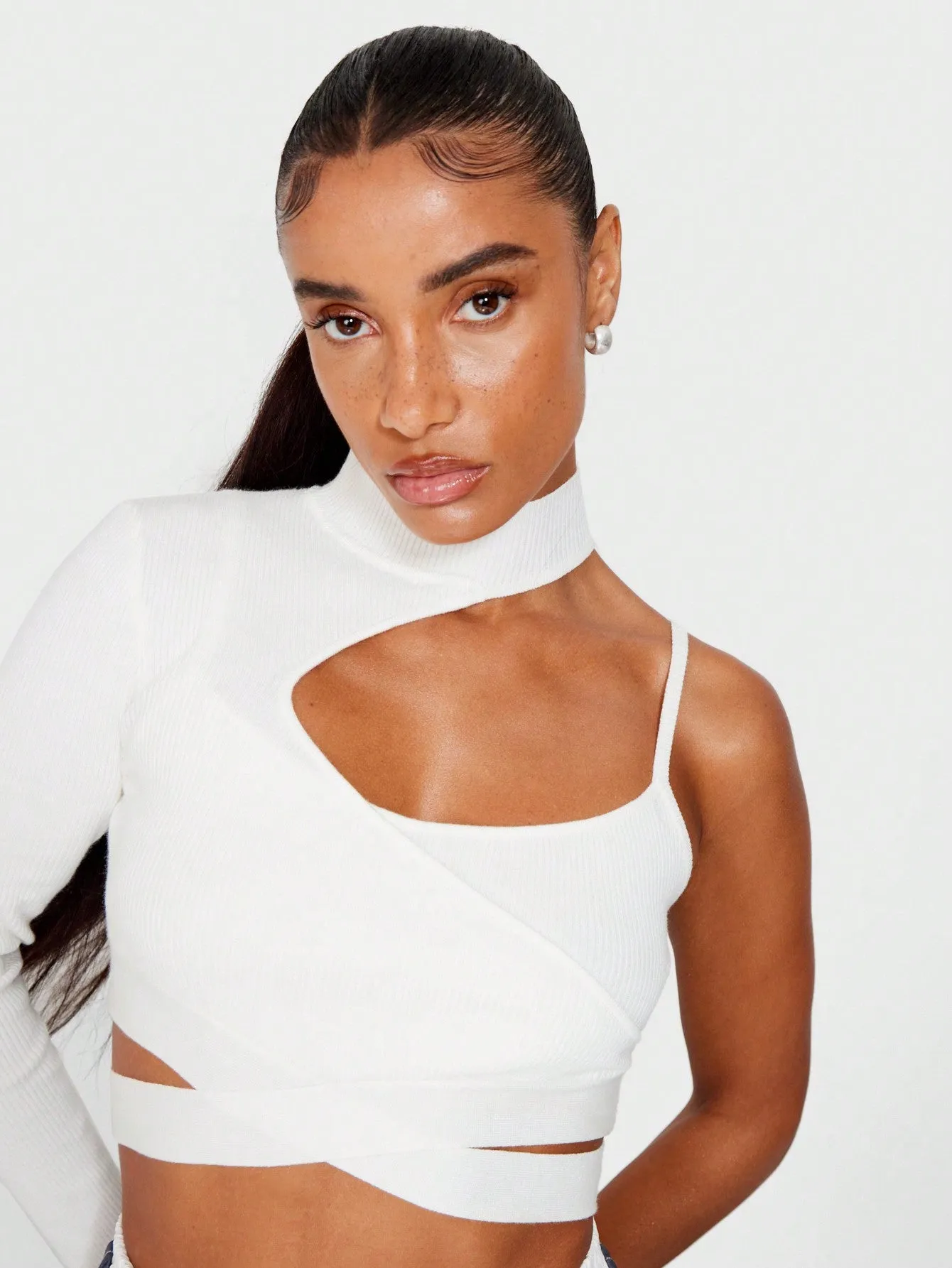 SUMWON WOMEN Rib Layered High Neck Crop Top With One Cut Out Shoulder Detail