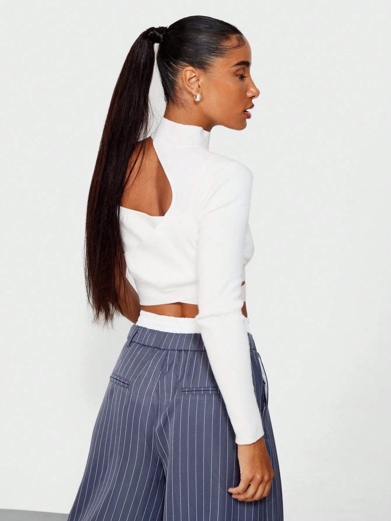 SUMWON WOMEN Rib Layered High Neck Crop Top With One Cut Out Shoulder Detail