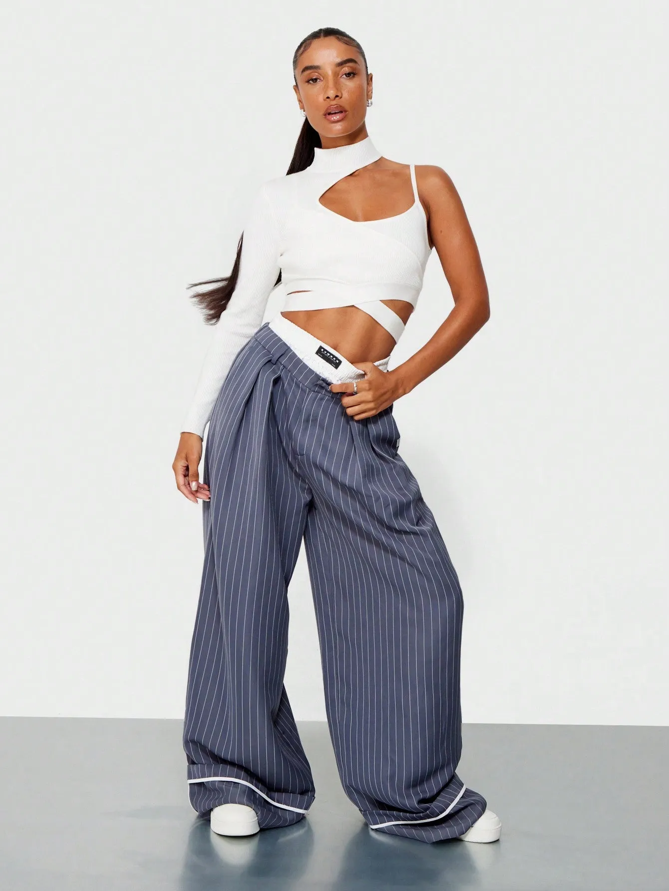 SUMWON WOMEN Rib Layered High Neck Crop Top With One Cut Out Shoulder Detail