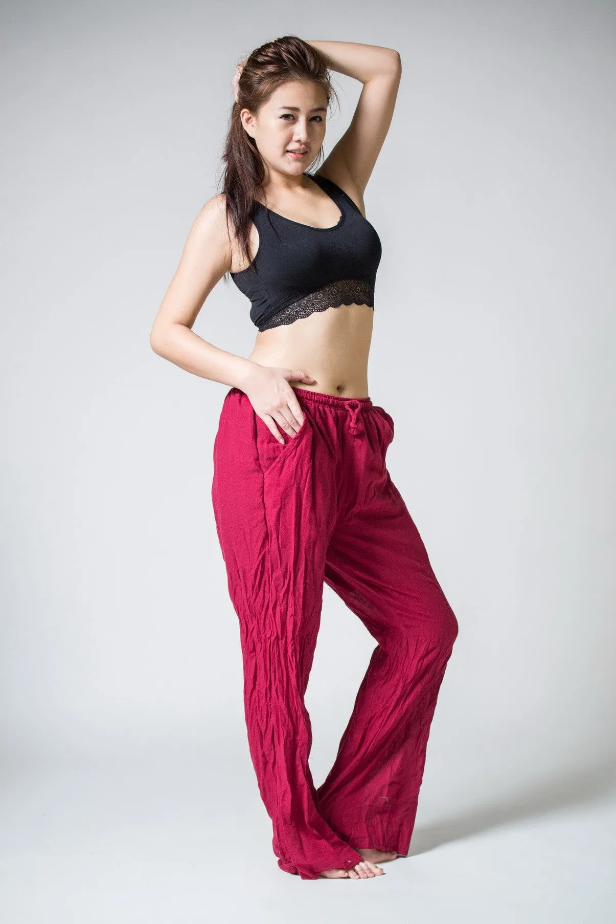 Thai Organic Cotton Wide Leg Crinkled Drawstring Pants Red