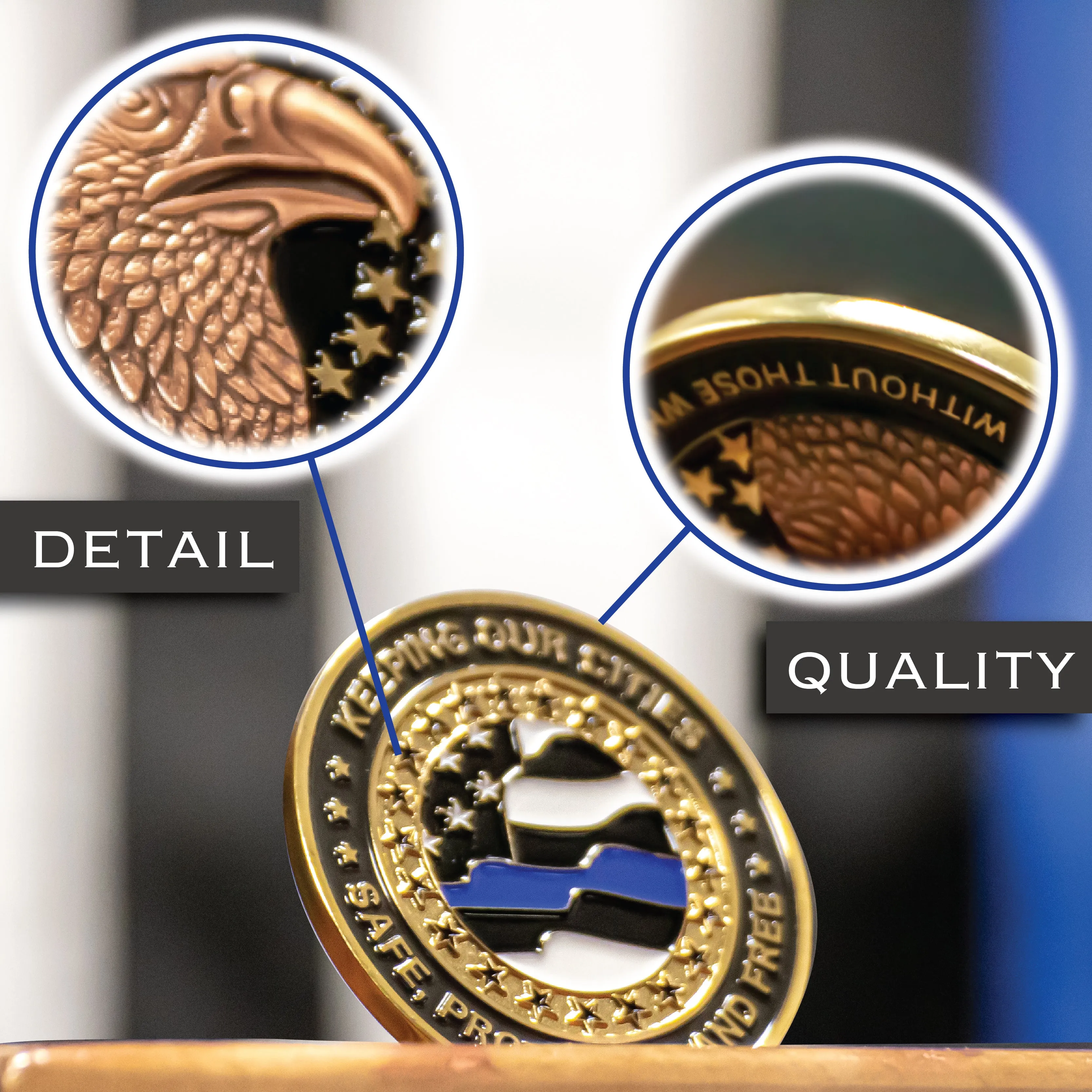 Thin Blue Line Challenge Coin - "Keeping our cities safe, protected, and free"