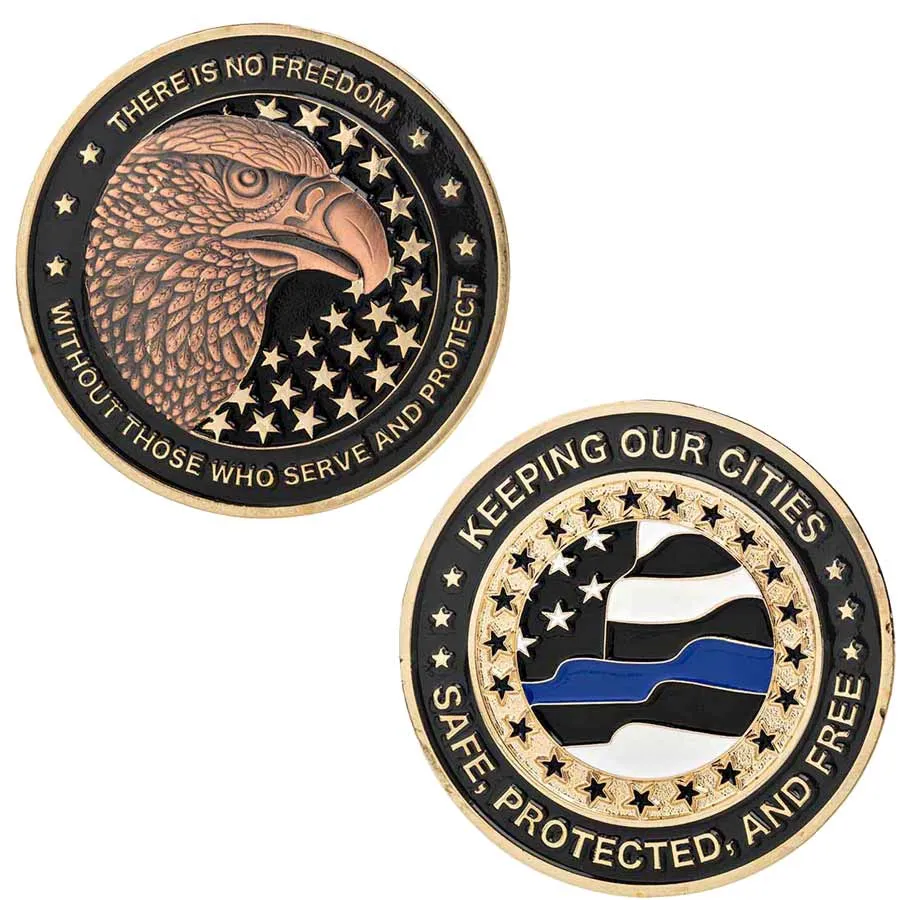 Thin Blue Line Challenge Coin - "Keeping our cities safe, protected, and free"