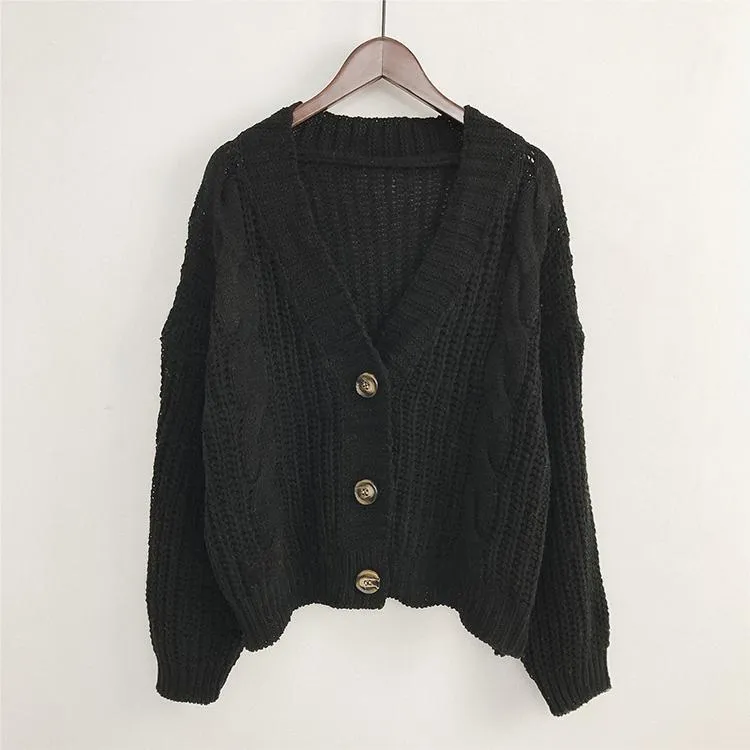 V-Neck Knitted Big Buttons Cropped Cardigan