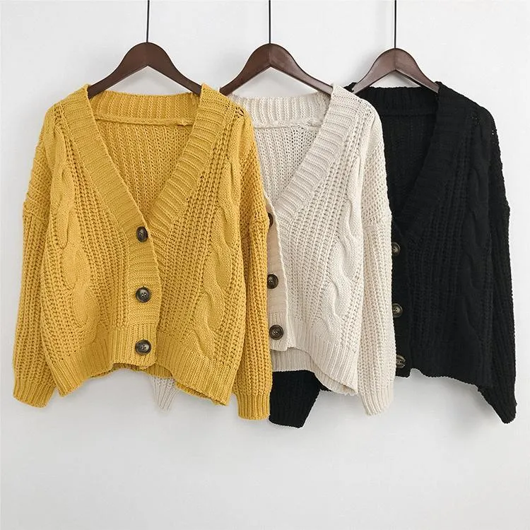 V-Neck Knitted Big Buttons Cropped Cardigan