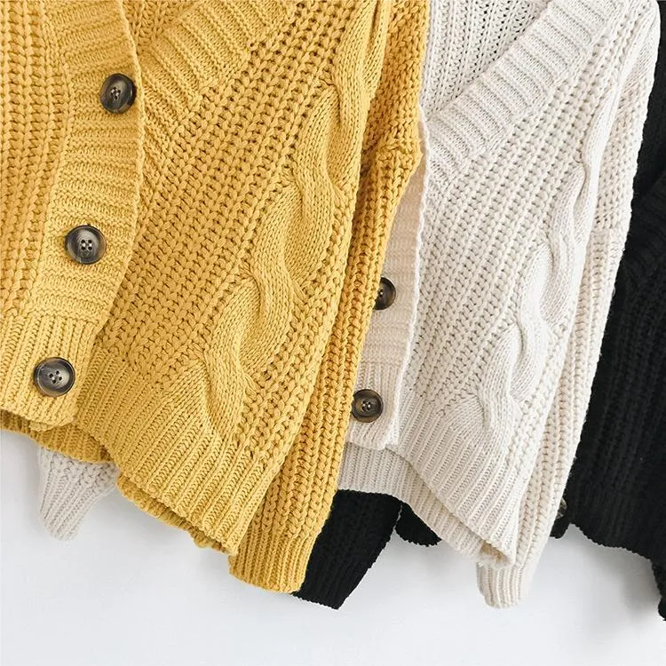 V-Neck Knitted Big Buttons Cropped Cardigan