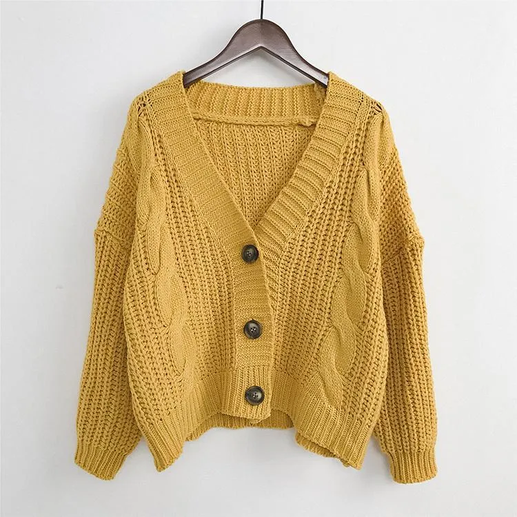 V-Neck Knitted Big Buttons Cropped Cardigan