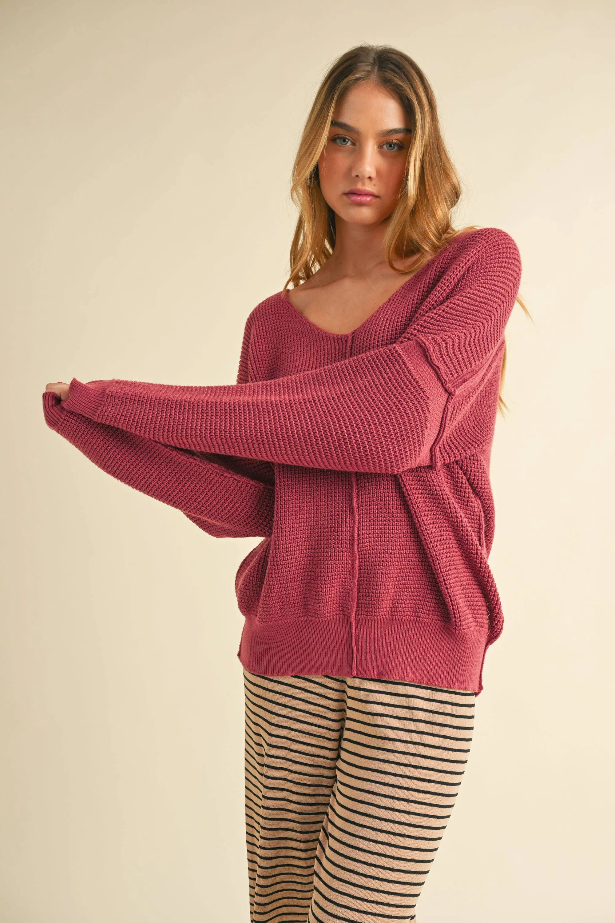 V-Neck Loose Fit Oversized Textured Sweater